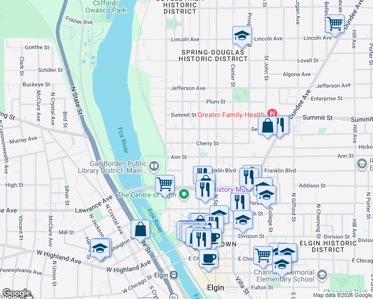map of restaurants, bars, coffee shops, grocery stores, and more near 314 Brook Street in Elgin