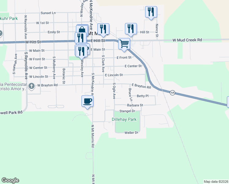 map of restaurants, bars, coffee shops, grocery stores, and more near 401-499 S Ogle Ave in Mt Morris