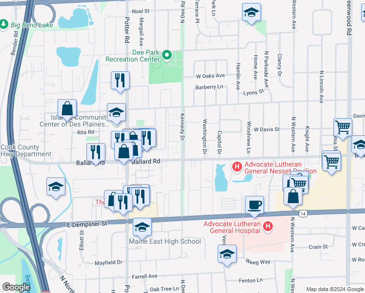 map of restaurants, bars, coffee shops, grocery stores, and more near Senate Drive in Des Plaines