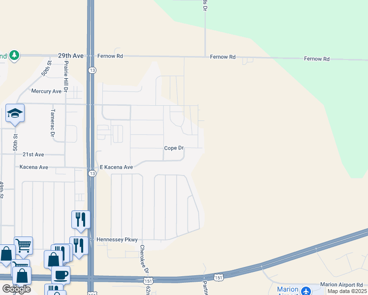 map of restaurants, bars, coffee shops, grocery stores, and more near Cope Drive in Marion