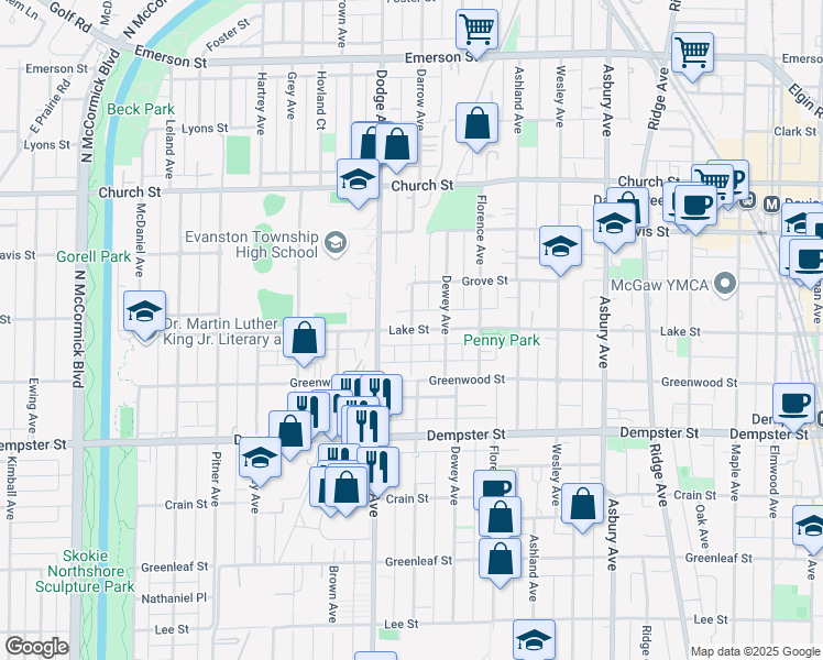 map of restaurants, bars, coffee shops, grocery stores, and more near 1800 Lake Street in Evanston
