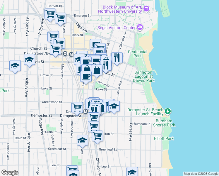 map of restaurants, bars, coffee shops, grocery stores, and more near 1445 Hinman Avenue in Evanston