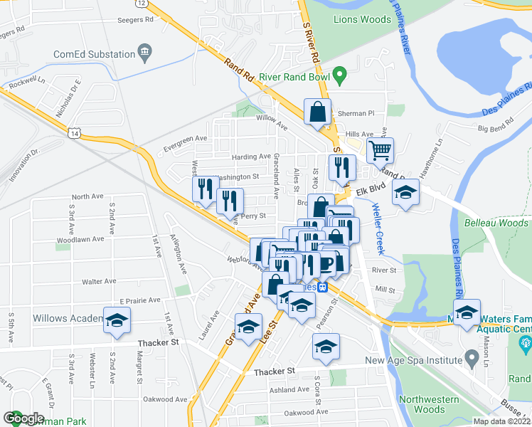 map of restaurants, bars, coffee shops, grocery stores, and more near 550 Graceland Avenue in Des Plaines