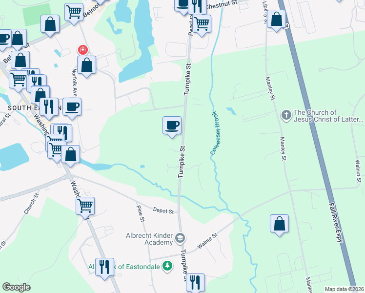 map of restaurants, bars, coffee shops, grocery stores, and more near 132 Turnpike Street in West Bridgewater