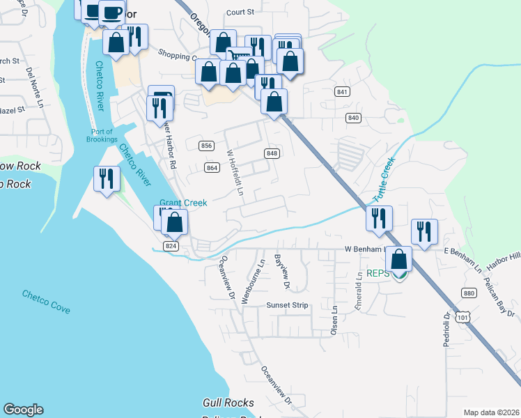 map of restaurants, bars, coffee shops, grocery stores, and more near 16063 Driftwood Lane in Brookings