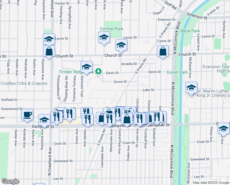 map of restaurants, bars, coffee shops, grocery stores, and more near 3609 Grove Street in Skokie