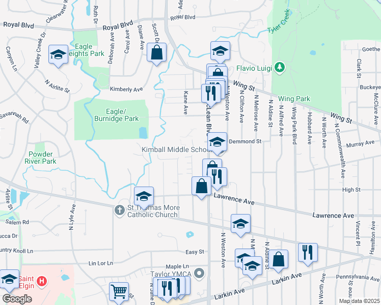 map of restaurants, bars, coffee shops, grocery stores, and more near 1450 Plymouth Lane in Elgin