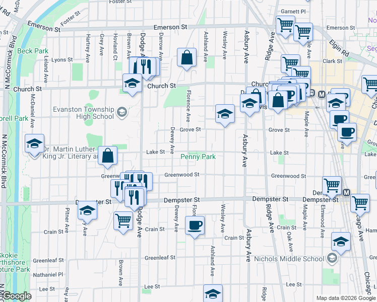 map of restaurants, bars, coffee shops, grocery stores, and more near Lake Street in Evanston