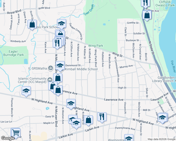 map of restaurants, bars, coffee shops, grocery stores, and more near 436 North Alfred Avenue in Elgin