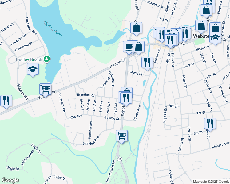 map of restaurants, bars, coffee shops, grocery stores, and more near 15 Williams Street in Dudley