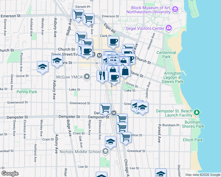 map of restaurants, bars, coffee shops, grocery stores, and more near 1500 Sherman Avenue in Evanston