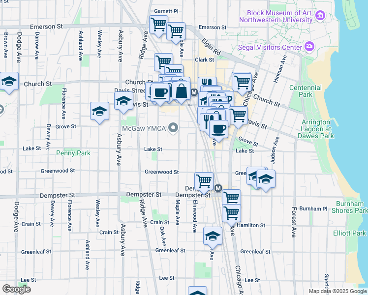 map of restaurants, bars, coffee shops, grocery stores, and more near 1508 Elmwood Avenue in Evanston