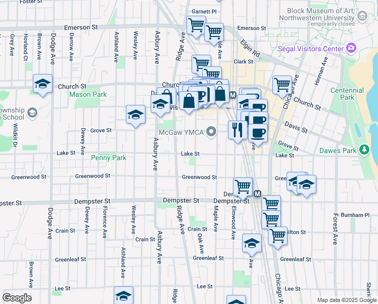 map of restaurants, bars, coffee shops, grocery stores, and more near in Evanston