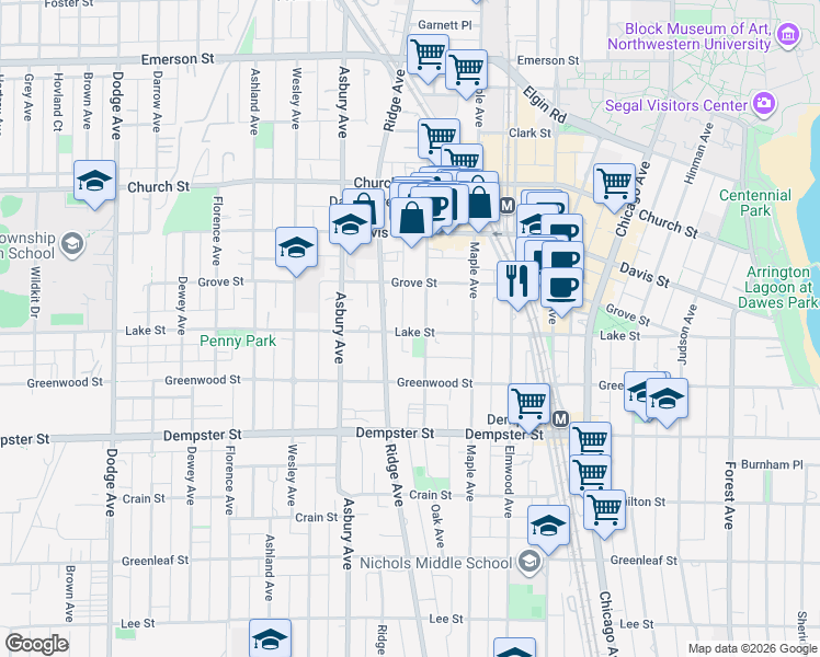 map of restaurants, bars, coffee shops, grocery stores, and more near in Evanston
