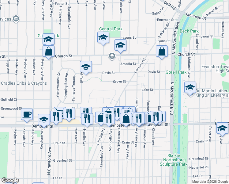 map of restaurants, bars, coffee shops, grocery stores, and more near 3609 Grove Street in Skokie