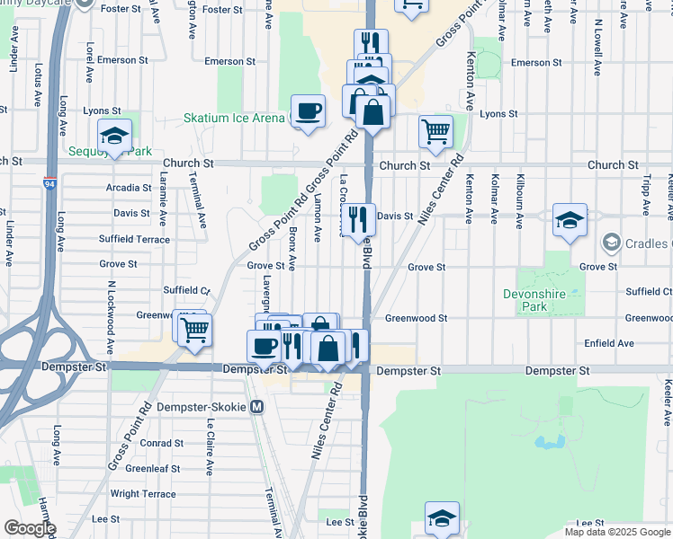 map of restaurants, bars, coffee shops, grocery stores, and more near 9016 La Crosse Avenue in Skokie
