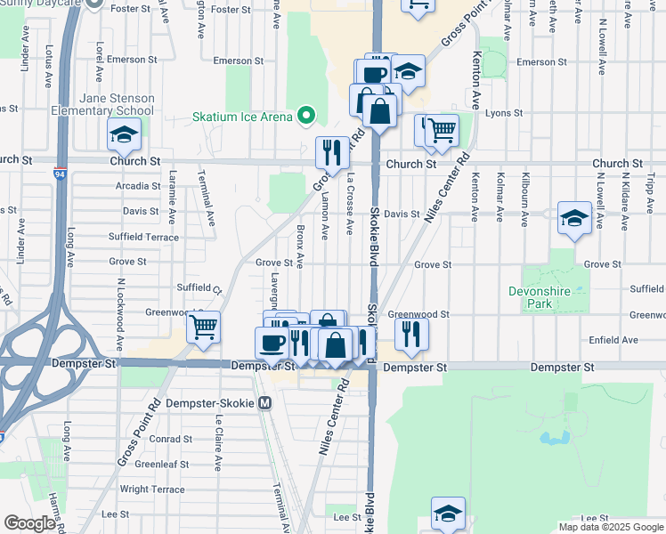 map of restaurants, bars, coffee shops, grocery stores, and more near 9016 La Crosse Avenue in Skokie