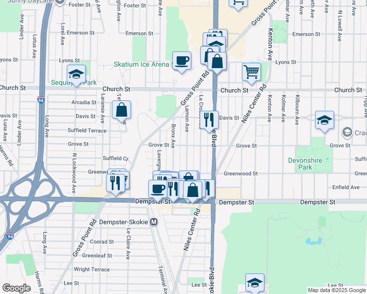 map of restaurants, bars, coffee shops, grocery stores, and more near in Skokie