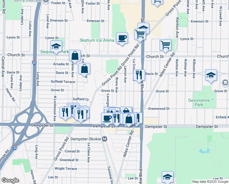 map of restaurants, bars, coffee shops, grocery stores, and more near 9021 Lavergne Avenue in Skokie