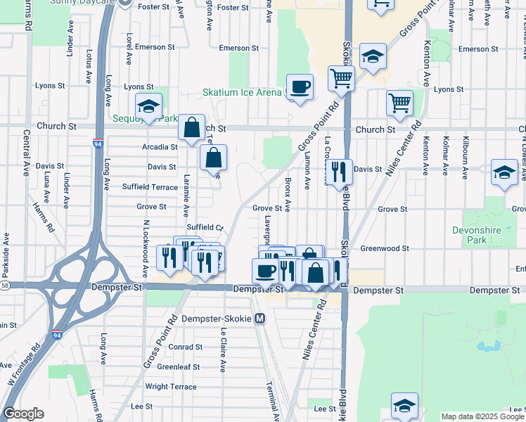 map of restaurants, bars, coffee shops, grocery stores, and more near 9021 Lavergne Avenue in Skokie