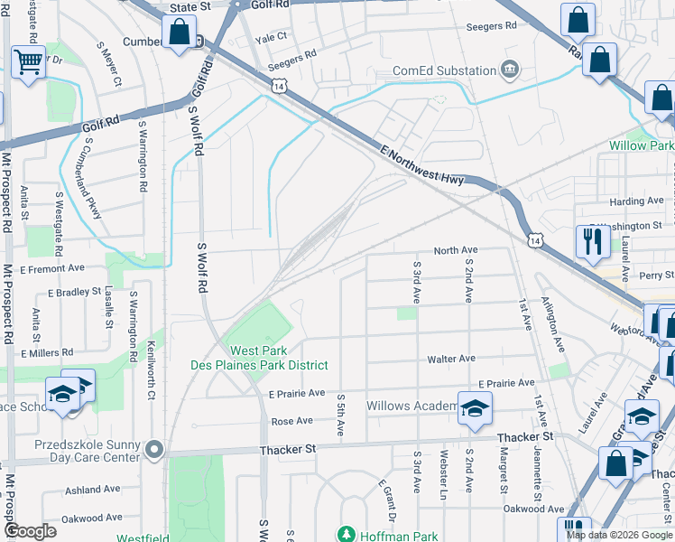 map of restaurants, bars, coffee shops, grocery stores, and more near 160 Bakeline Plaza in Des Plaines