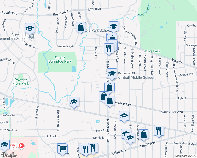 map of restaurants, bars, coffee shops, grocery stores, and more near 1450 Plymouth Lane in Elgin