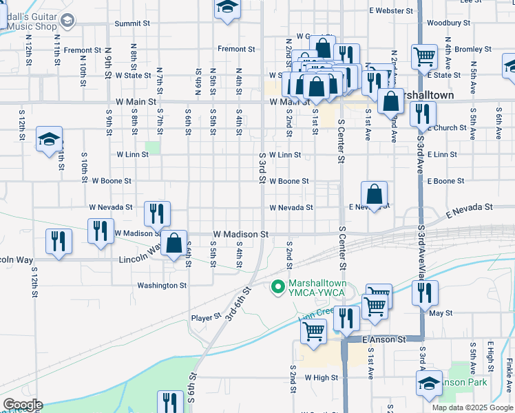 map of restaurants, bars, coffee shops, grocery stores, and more near 304 South 3rd Street in Marshalltown