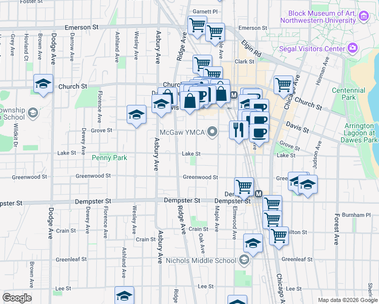 map of restaurants, bars, coffee shops, grocery stores, and more near in Evanston