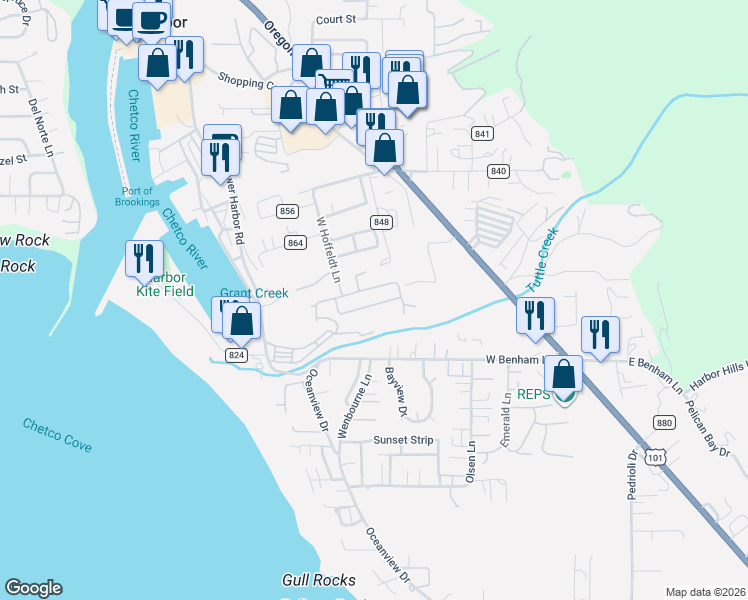 map of restaurants, bars, coffee shops, grocery stores, and more near 16063 Driftwood Lane in Brookings