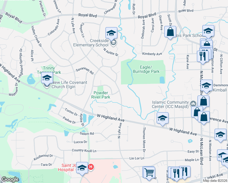 map of restaurants, bars, coffee shops, grocery stores, and more near 1930 Powder River Path in Elgin