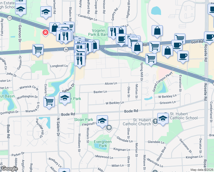 map of restaurants, bars, coffee shops, grocery stores, and more near 610 Alcoa Lane in Hoffman Estates