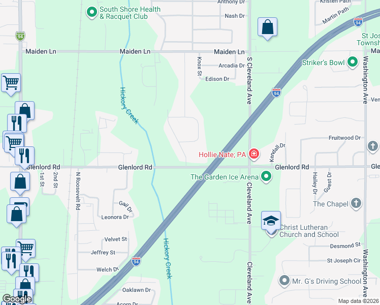 map of restaurants, bars, coffee shops, grocery stores, and more near 4001 Fox Woods Road in St. Joseph