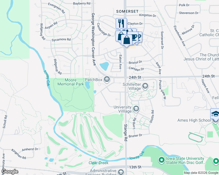 map of restaurants, bars, coffee shops, grocery stores, and more near 2823 Pinehurst Circle in Ames