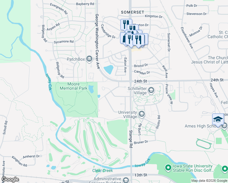 map of restaurants, bars, coffee shops, grocery stores, and more near 2823 Pinehurst Circle in Ames