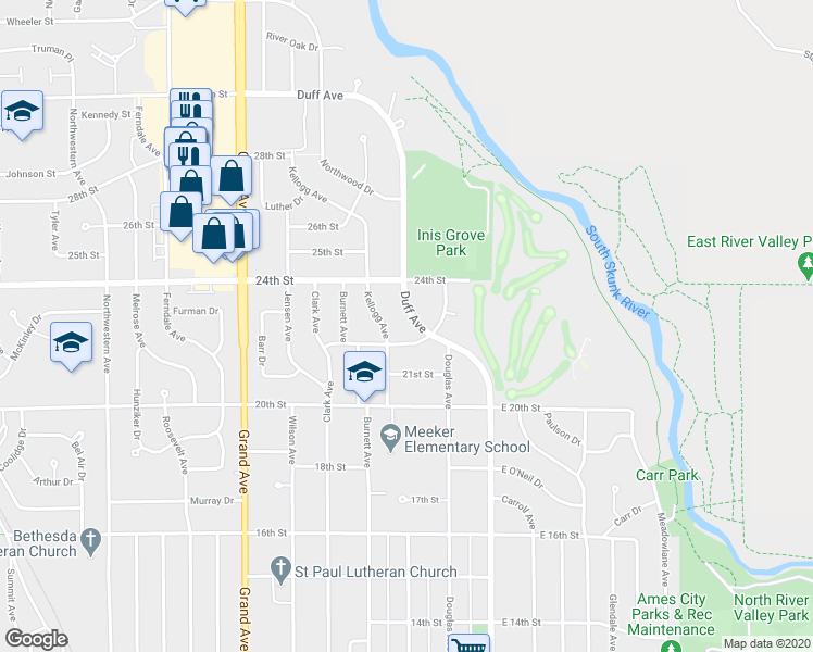 map of restaurants, bars, coffee shops, grocery stores, and more near 2211 Duff Avenue in Ames