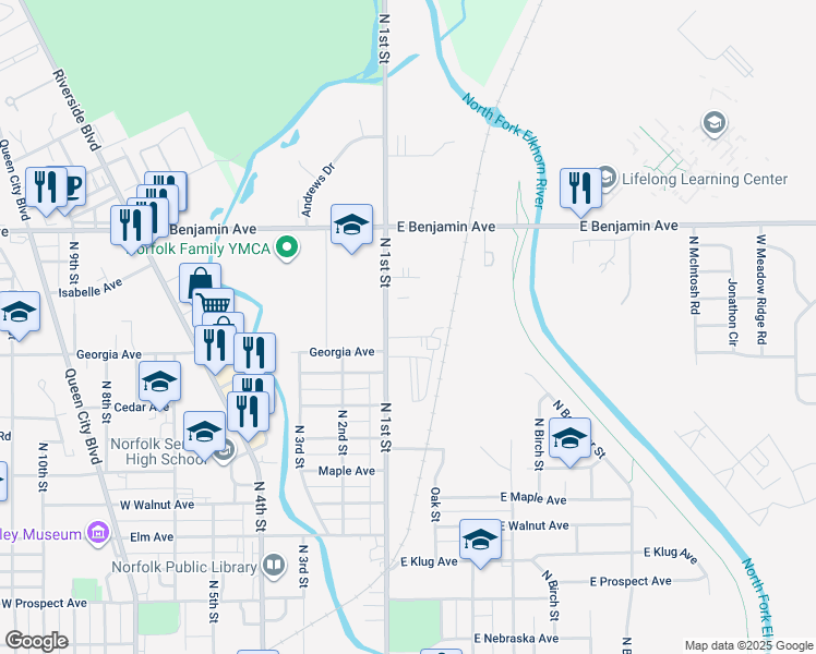 map of restaurants, bars, coffee shops, grocery stores, and more near 108 Gold Strike Drive in Norfolk