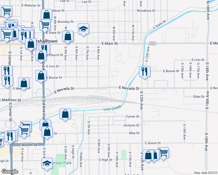 map of restaurants, bars, coffee shops, grocery stores, and more near 898 East Nevada Street in Marshalltown
