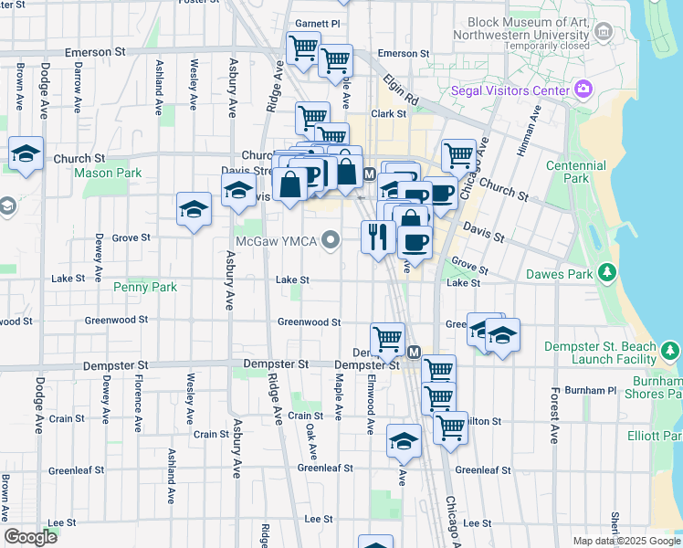 map of restaurants, bars, coffee shops, grocery stores, and more near 1555 Sherman Avenue in Evanston