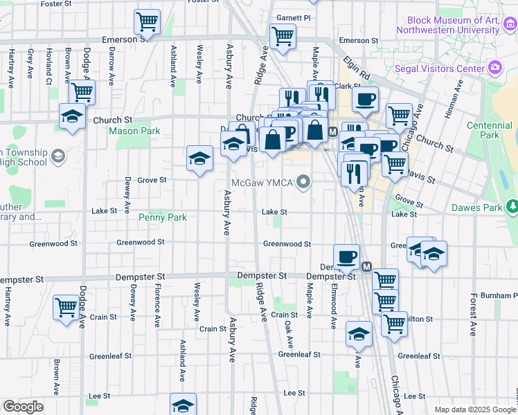 map of restaurants, bars, coffee shops, grocery stores, and more near 1511 Ridge Avenue in Evanston
