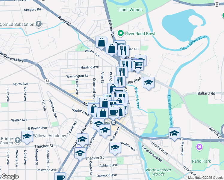 map of restaurants, bars, coffee shops, grocery stores, and more near 465 Oak Street in Des Plaines