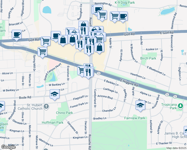 map of restaurants, bars, coffee shops, grocery stores, and more near 32 West Higgins Road in Hoffman Estates