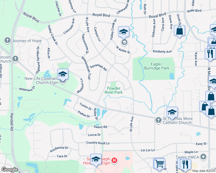 map of restaurants, bars, coffee shops, grocery stores, and more near 506 North Airlite Street in Elgin