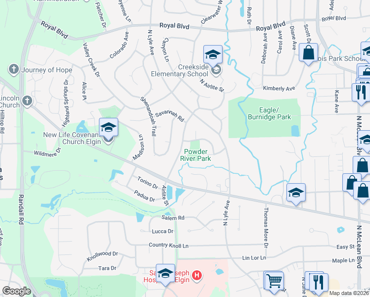 map of restaurants, bars, coffee shops, grocery stores, and more near 506 North Airlite Street in Elgin