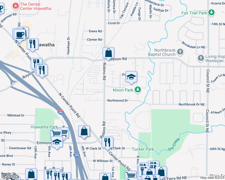 map of restaurants, bars, coffee shops, grocery stores, and more near 705 Robins Road in Hiawatha