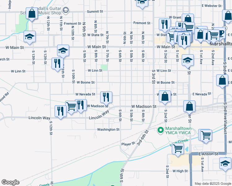 map of restaurants, bars, coffee shops, grocery stores, and more near 612 West Boone Street in Marshalltown
