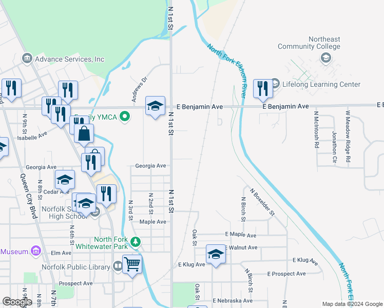 map of restaurants, bars, coffee shops, grocery stores, and more near 1120 North 1st Street in Norfolk