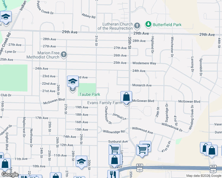 map of restaurants, bars, coffee shops, grocery stores, and more near 2220 Empire Street in Marion