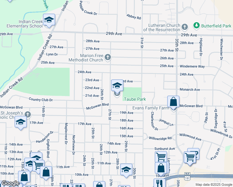 map of restaurants, bars, coffee shops, grocery stores, and more near 2127 27th Street in Marion