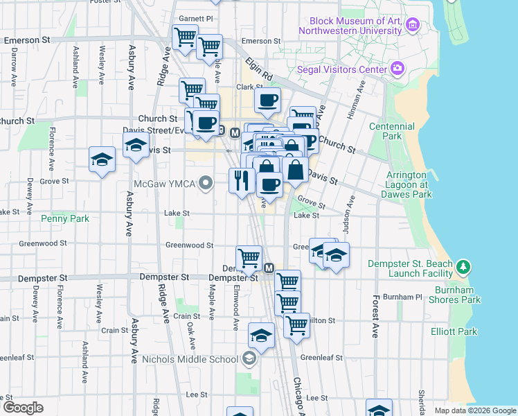 map of restaurants, bars, coffee shops, grocery stores, and more near 1500 Sherman Avenue in Evanston