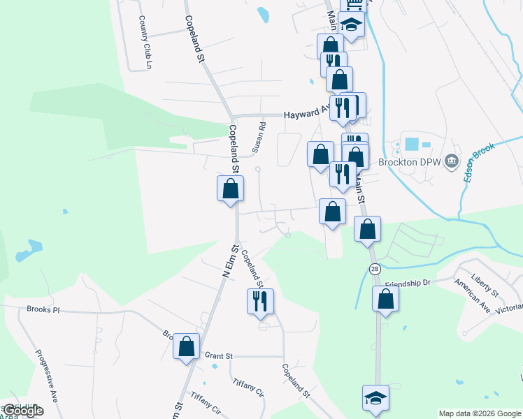 map of restaurants, bars, coffee shops, grocery stores, and more near 3 Finny's Way in Brockton